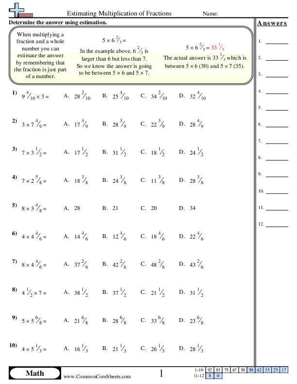 Fraction Worksheets - Estimating Multiplication of Fractions worksheet